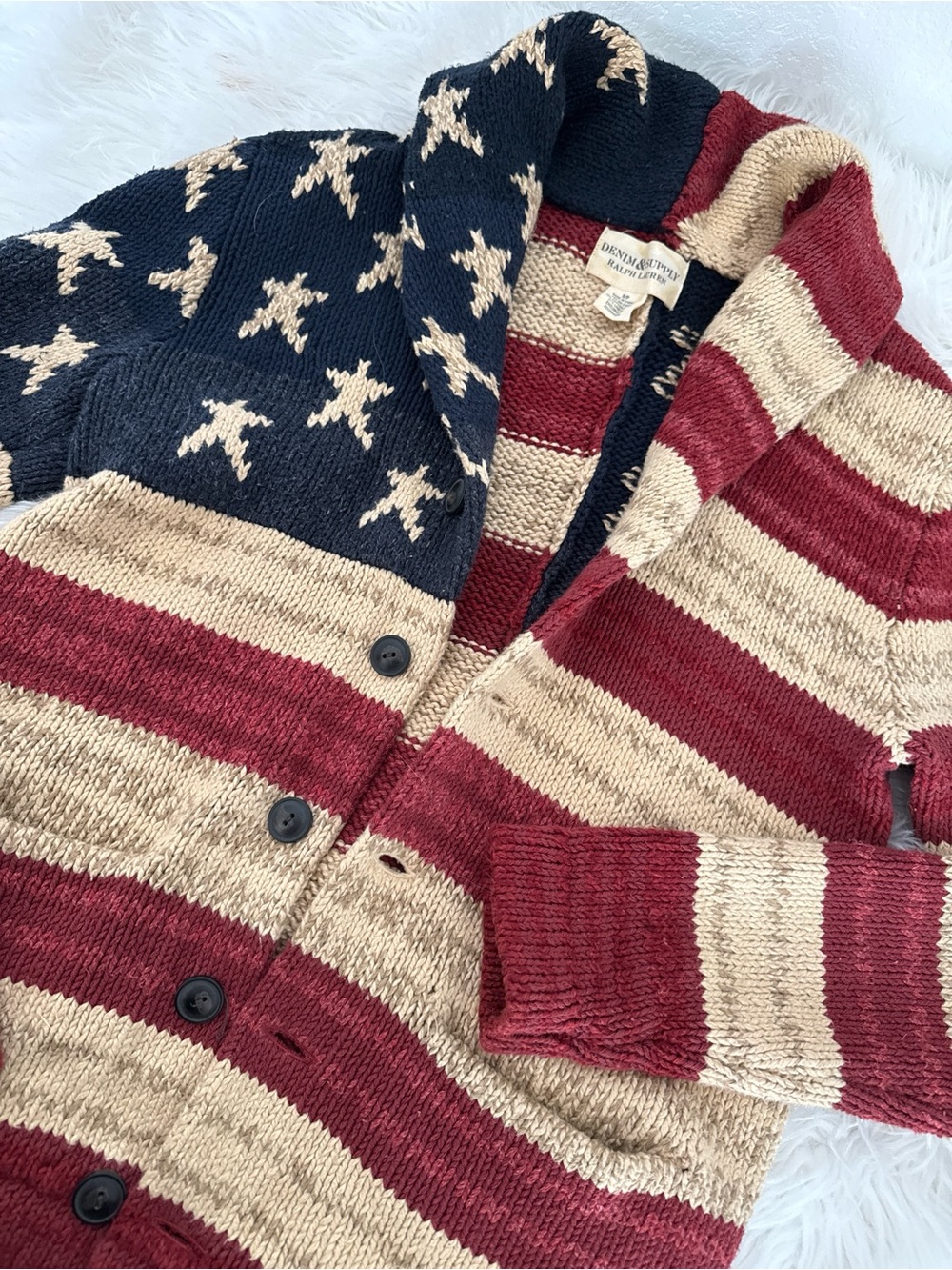 Ralph Lauren Red, Cream & Navy Americana Star Stripe Shawl Cardigan - Picture 3 of 5